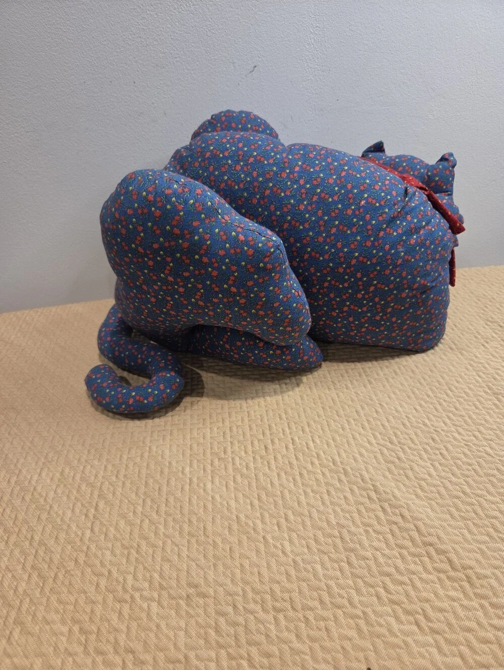 Vintage Handmade Cottagecore Blue Floral Cat Plush Doorstopper